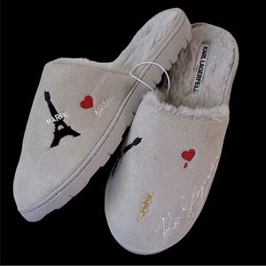KARL LAGERFELD PARIS LOGO-EMBROIDED FAUX FUR SLIPPERS SANDALS WOMEN …like new